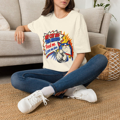 Cat T-Shirt — "My Cat Has Two Moods: Feed Me, Leave Me Alone" Funny Retro Comic Tee