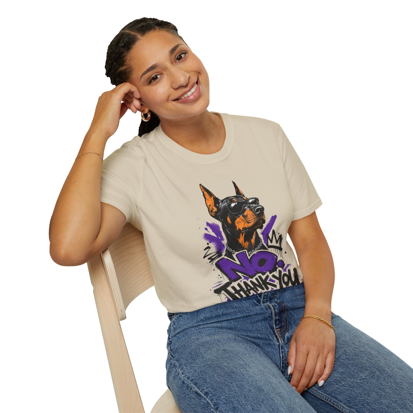 Doberman Graphic Tee — 'No, Thank You' Street Art T-Shirt