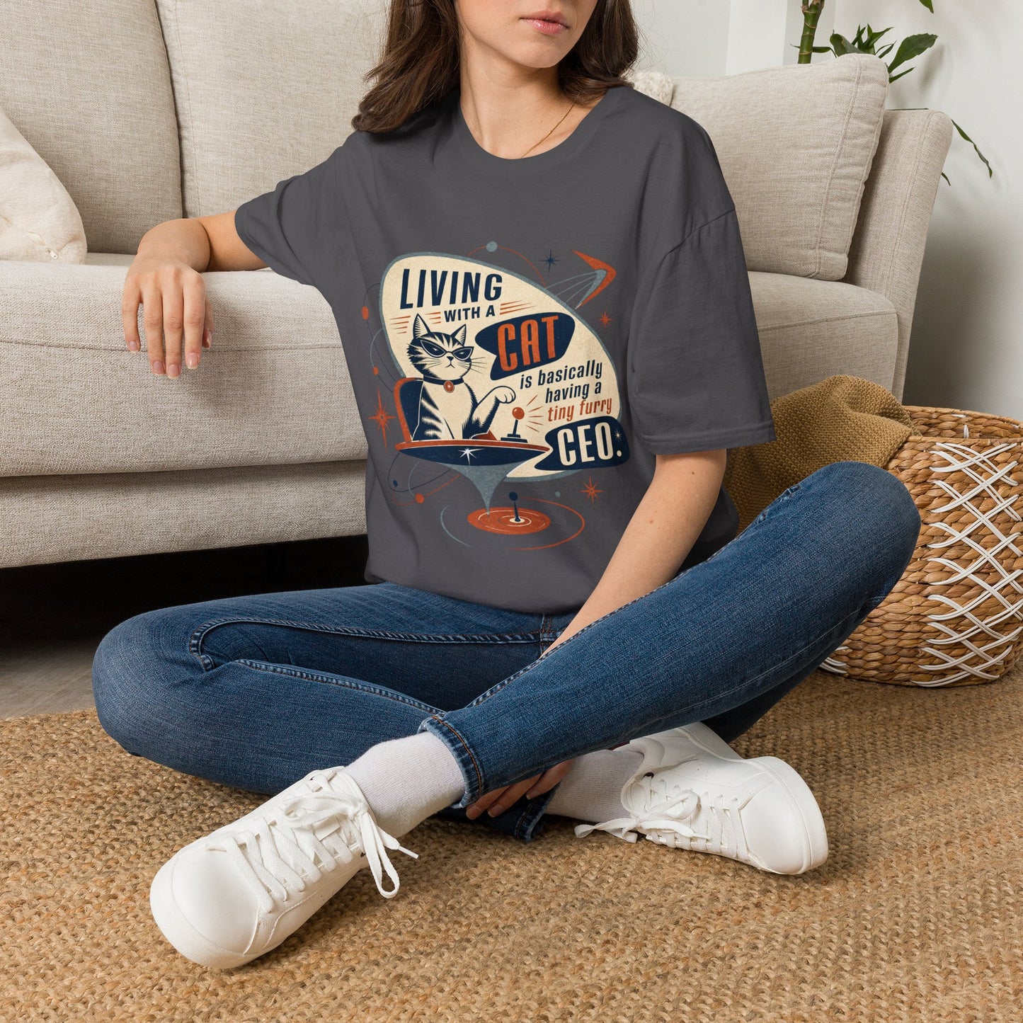 Cat T-Shirt — "Living with a Cat is Basically Having a Furry CEO" Retro Graphic