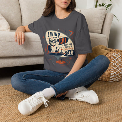 Cat T-Shirt — "Living with a Cat is Basically Having a Furry CEO" Retro Graphic