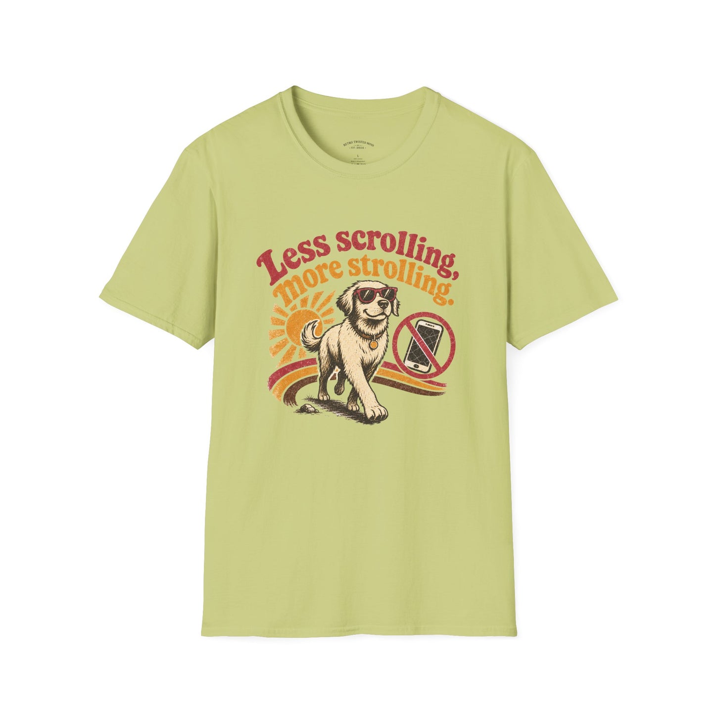 Less Scrolling More Strolling T-Shirt — Retro Dog Walk Graphic Tee