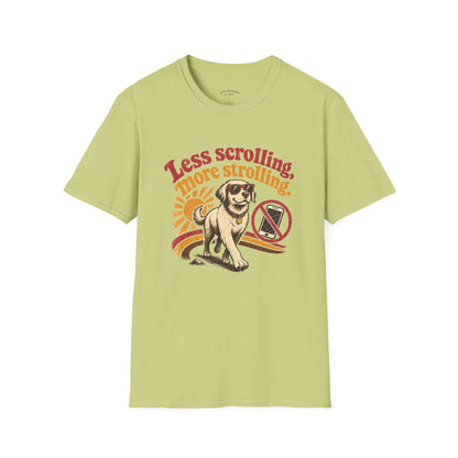 Less Scrolling More Strolling T-Shirt — Retro Dog Walk Graphic Tee