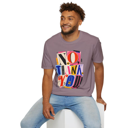 No, Thank You Graphic Tee — Colorful Bold Lettering T‑Shirt