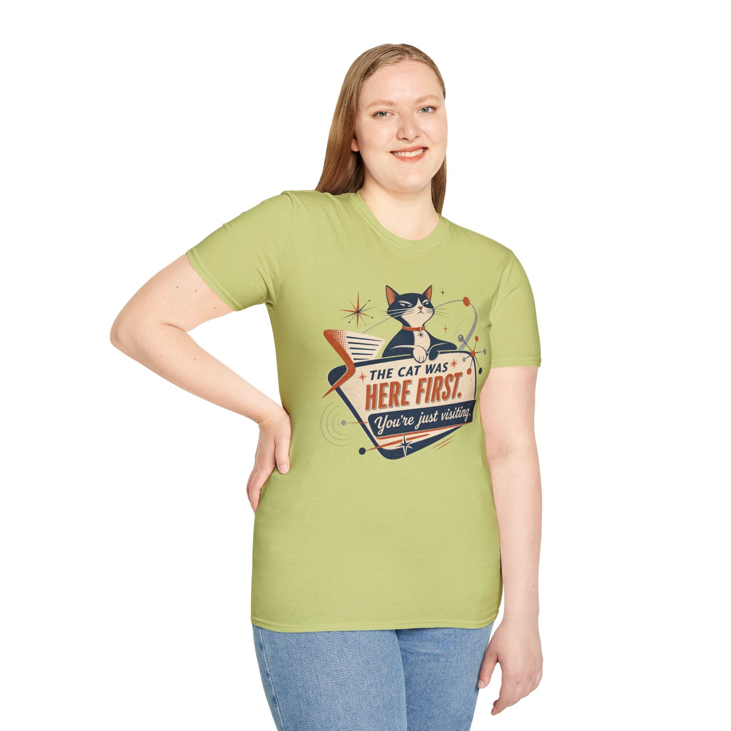 Cat Was Here First T-Shirt — Retro Mid-Century Kitty "You’re Just Visiting" Tee