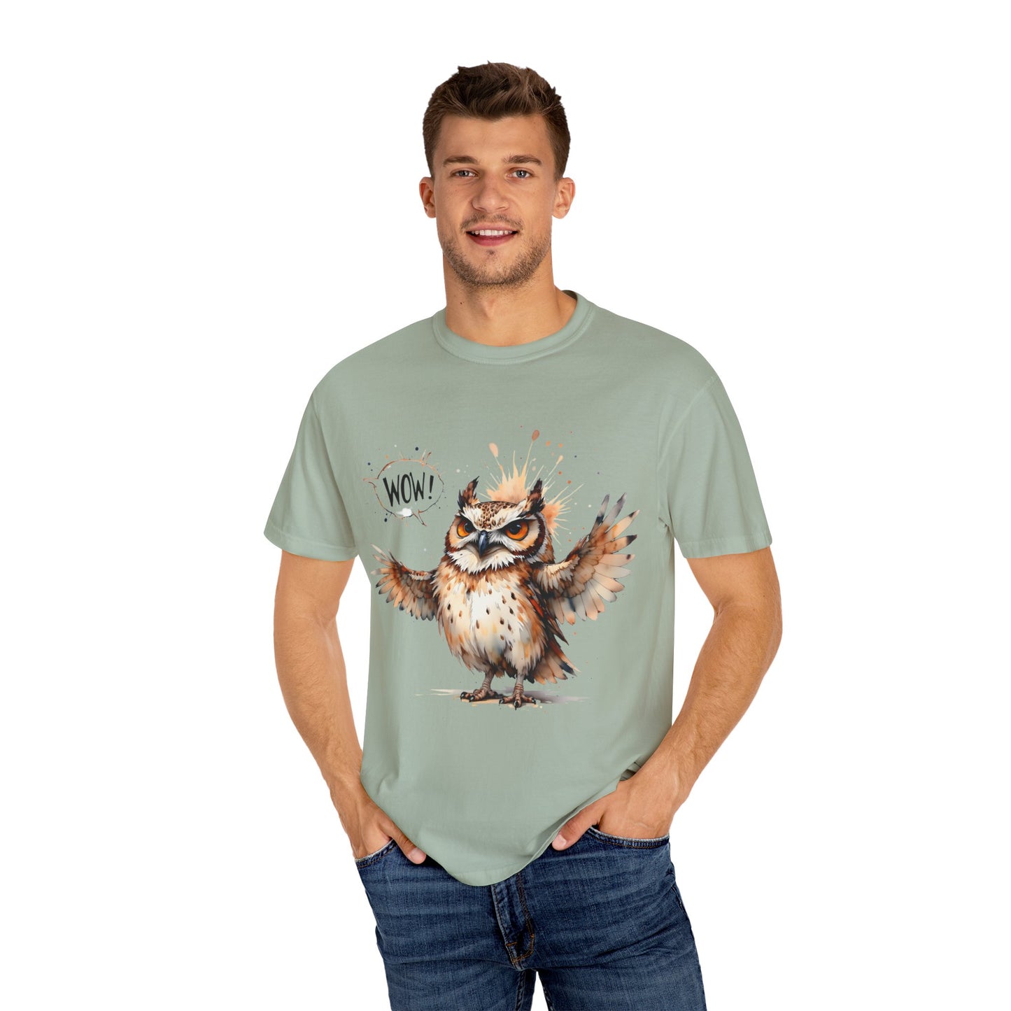 Owl Watercolor T-Shirt — Cute 'Wow!' Cartoon Owl Graphic Tee