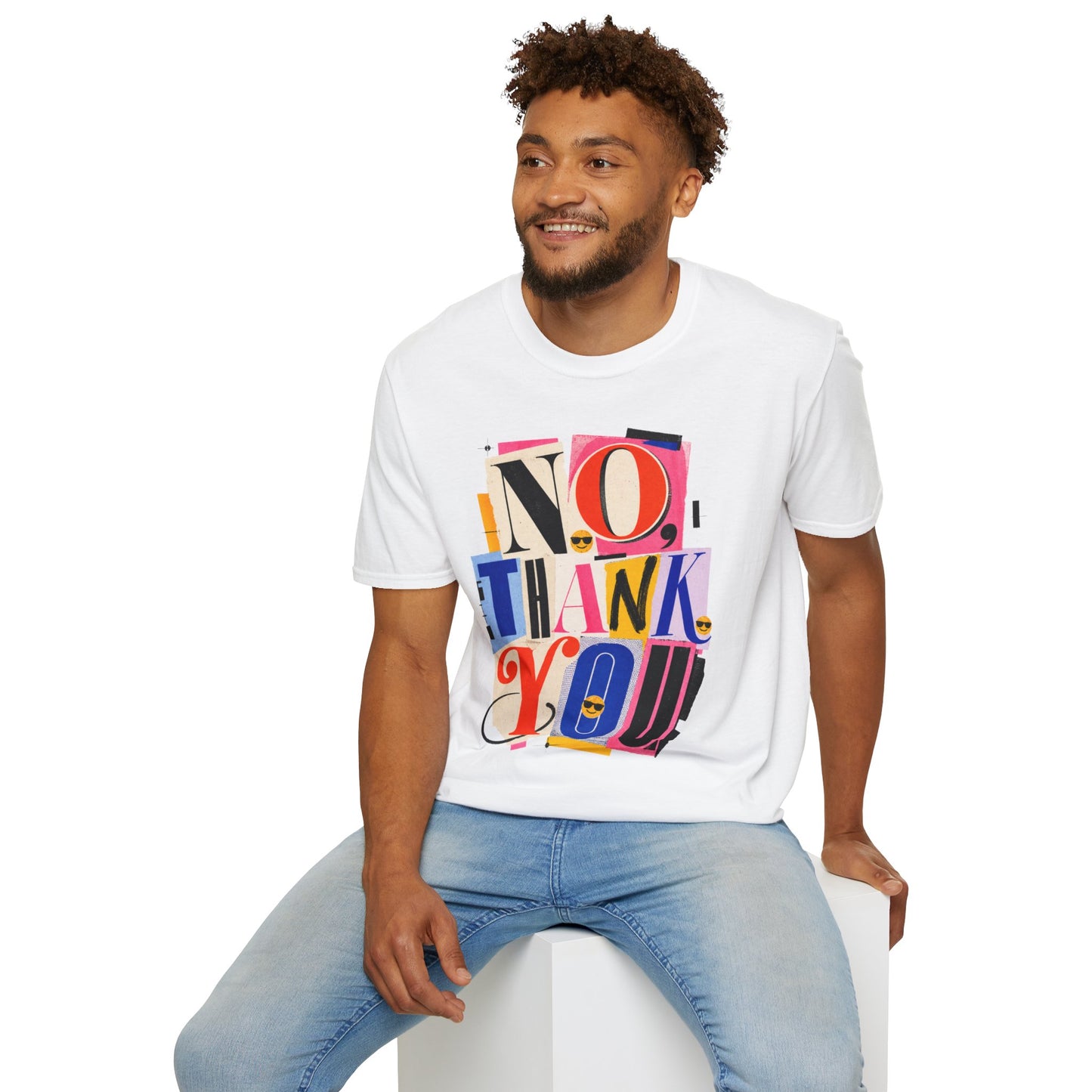 No, Thank You Graphic Tee — Colorful Bold Lettering T‑Shirt