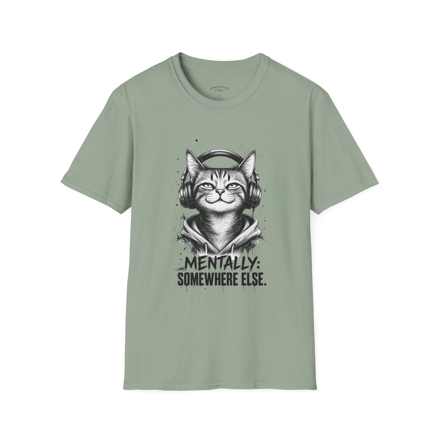 T-Shirt — Cat with Headphones "Mentally: Somewhere Else" – Cute Relaxed Graphic Tee for Cat Lovers