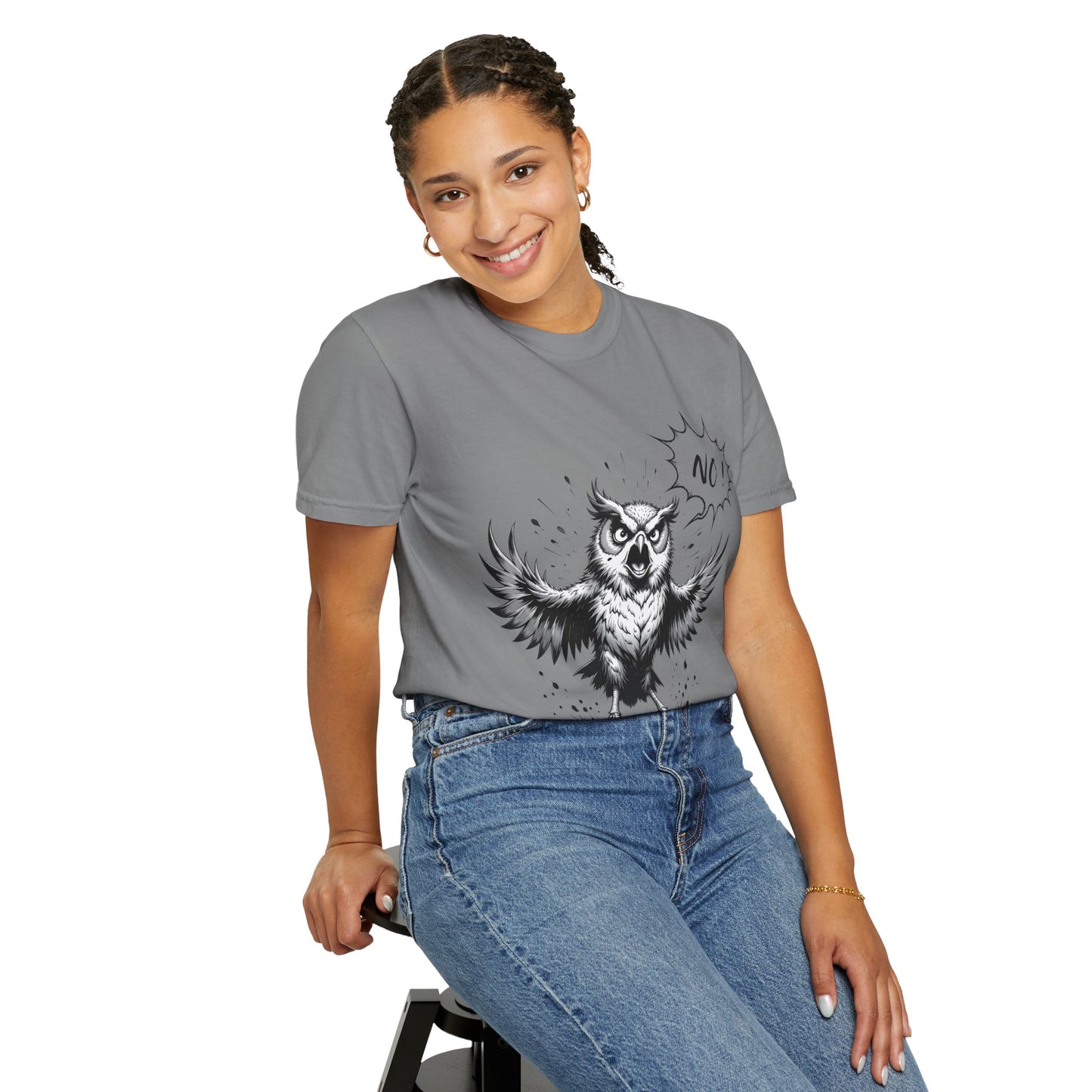 Owl Saying “No” Graphic T-Shirt — Bold Monochrome Illustration