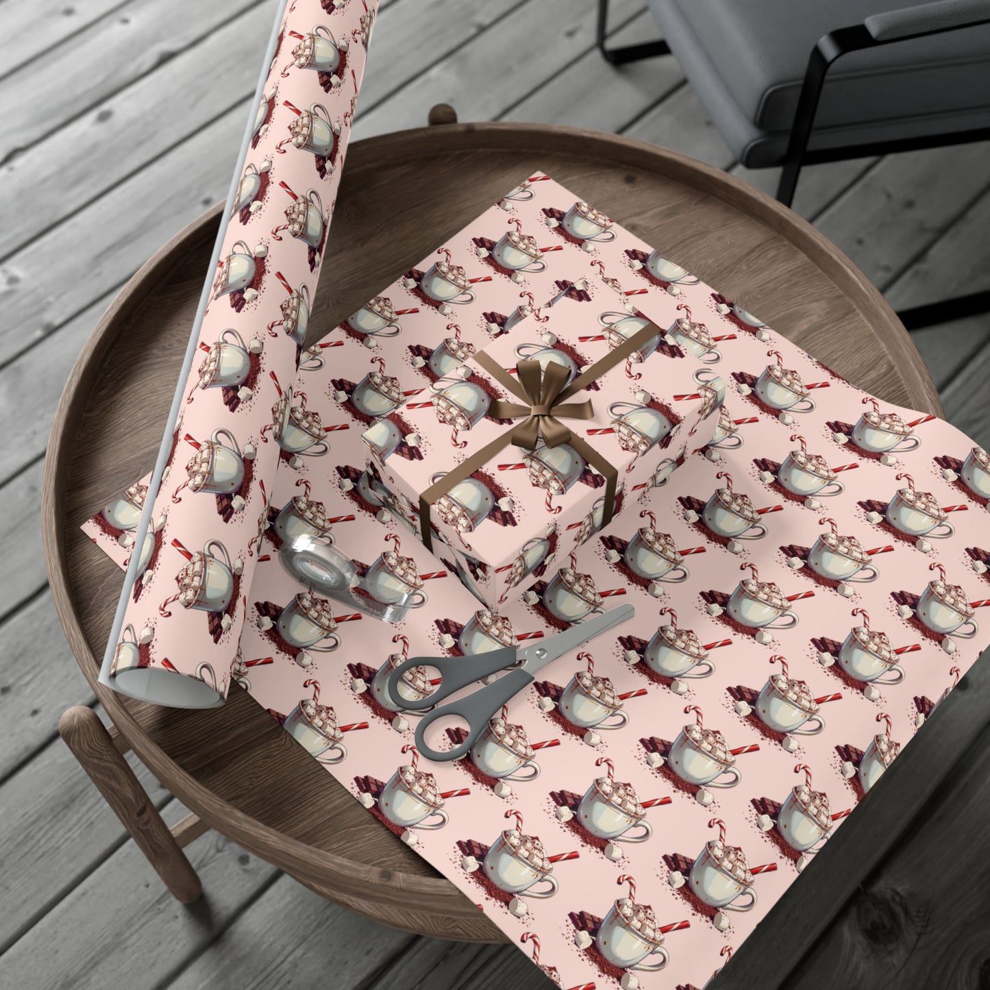Tea Cup Pattern Gift Wrap Paper — Pink Hot Cocoa & Candy Cane Holiday Wrapping Paper