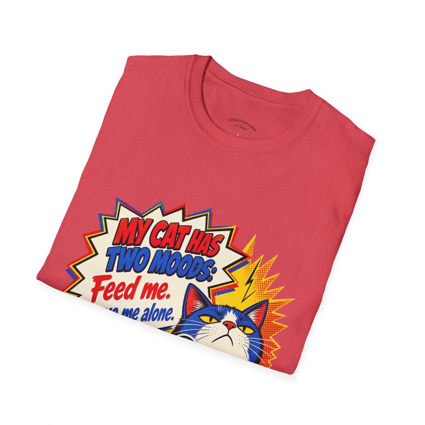 Cat T-Shirt — "My Cat Has Two Moods: Feed Me, Leave Me Alone" Funny Retro Comic Tee
