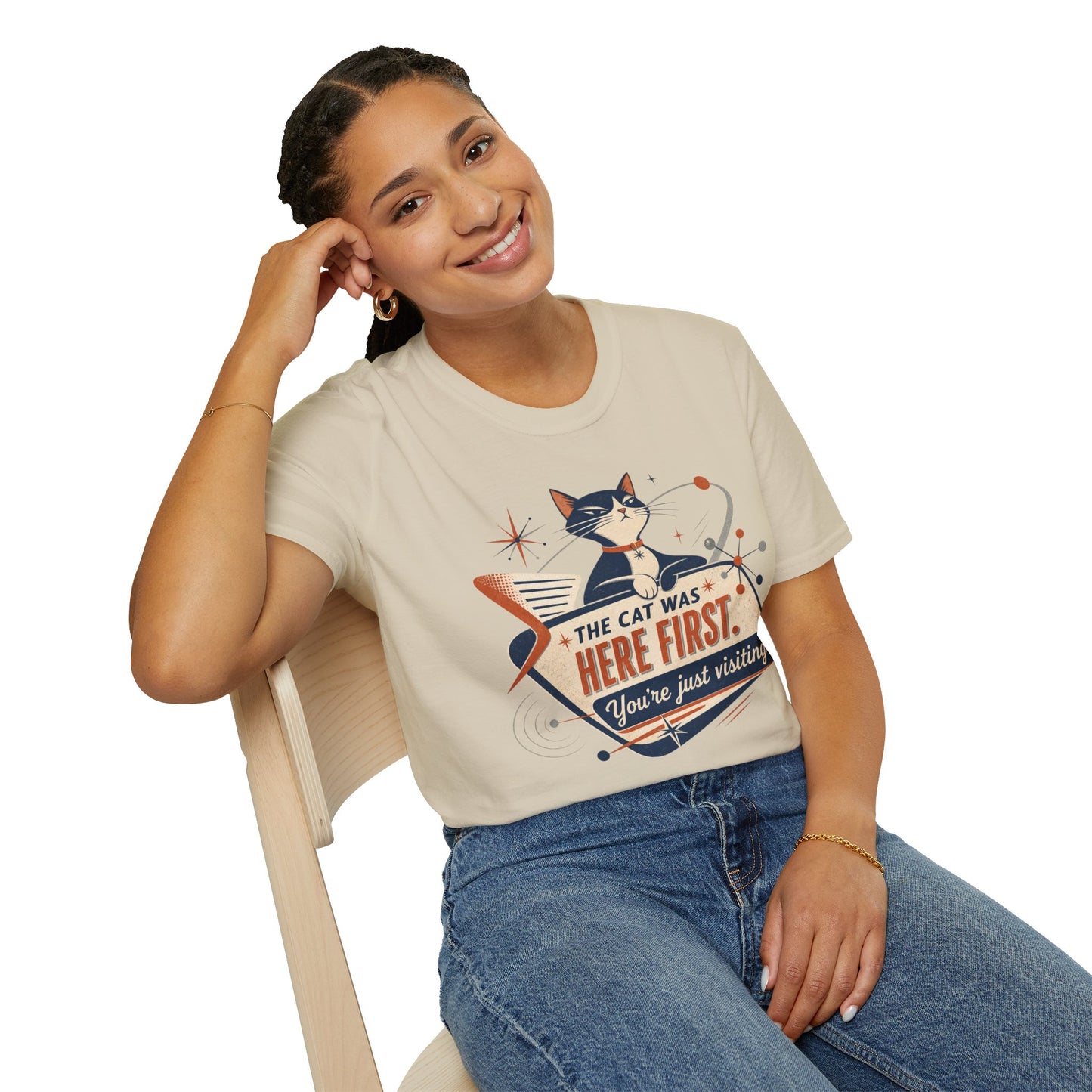 Cat Was Here First T-Shirt — Retro Mid-Century Kitty "You’re Just Visiting" Tee