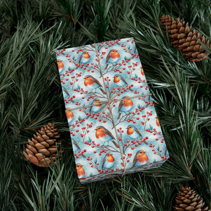 Robin & Berries Gift Wrap Paper — Winter Holiday Wrapping Sheets