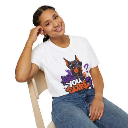 Doberman Graffiti T-Shirt — "You Sure?" Street Art Dog Tee