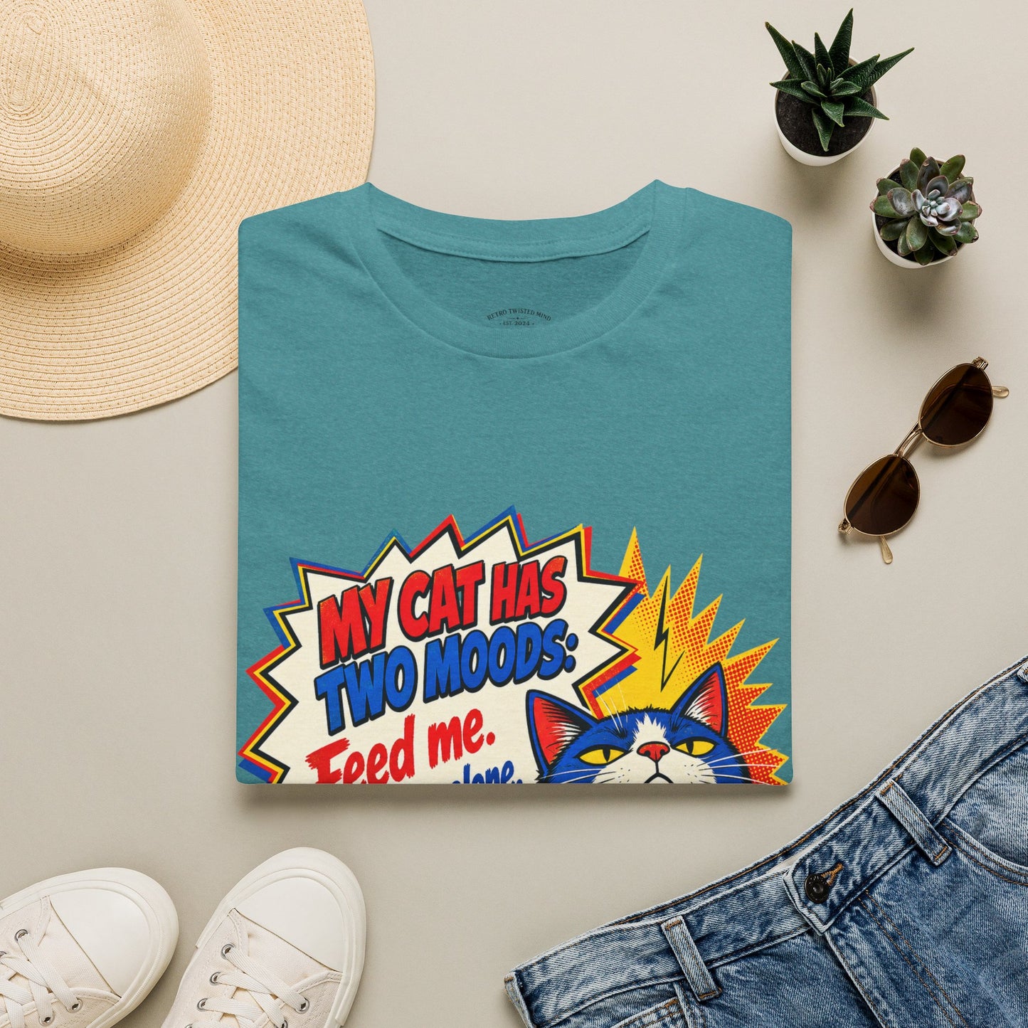 Cat T-Shirt — "My Cat Has Two Moods: Feed Me, Leave Me Alone" Funny Retro Comic Tee