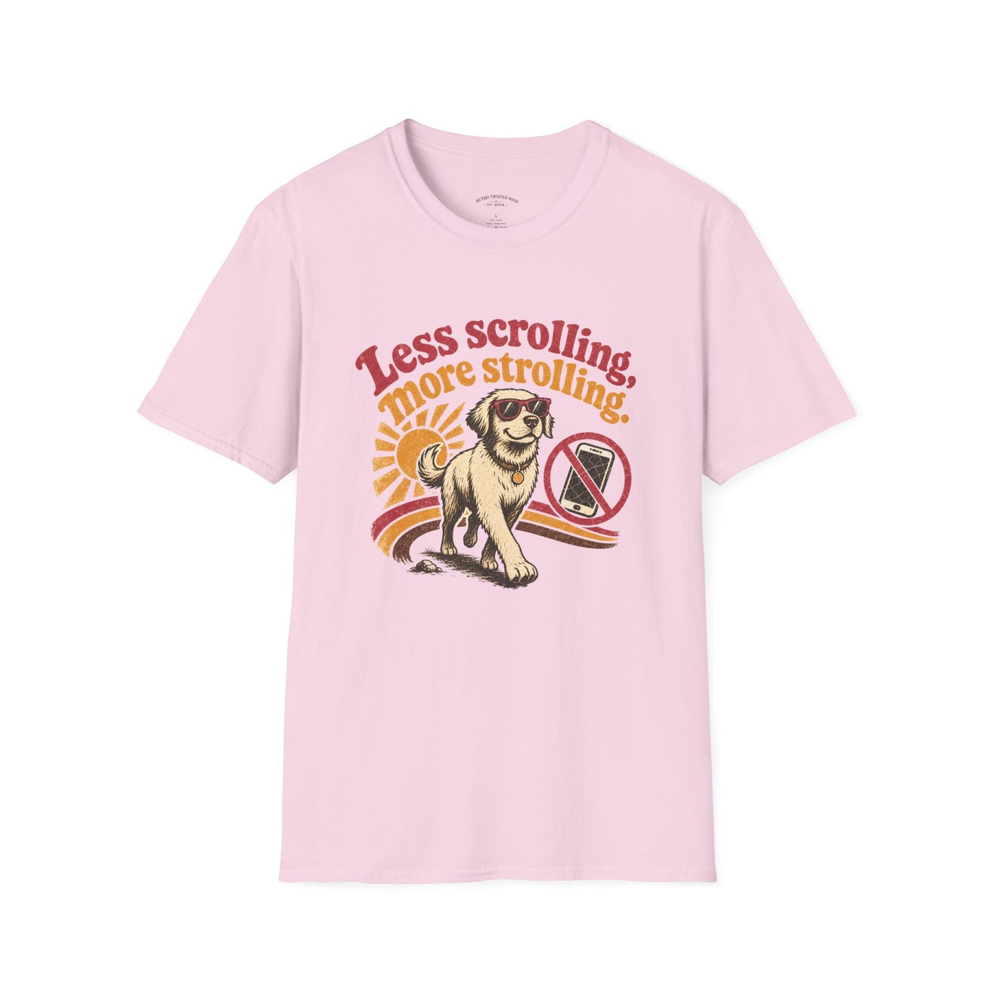 Less Scrolling More Strolling T-Shirt — Retro Dog Walk Graphic Tee