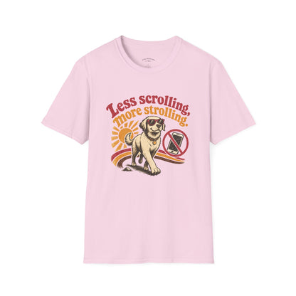 Less Scrolling More Strolling T-Shirt — Retro Dog Walk Graphic Tee