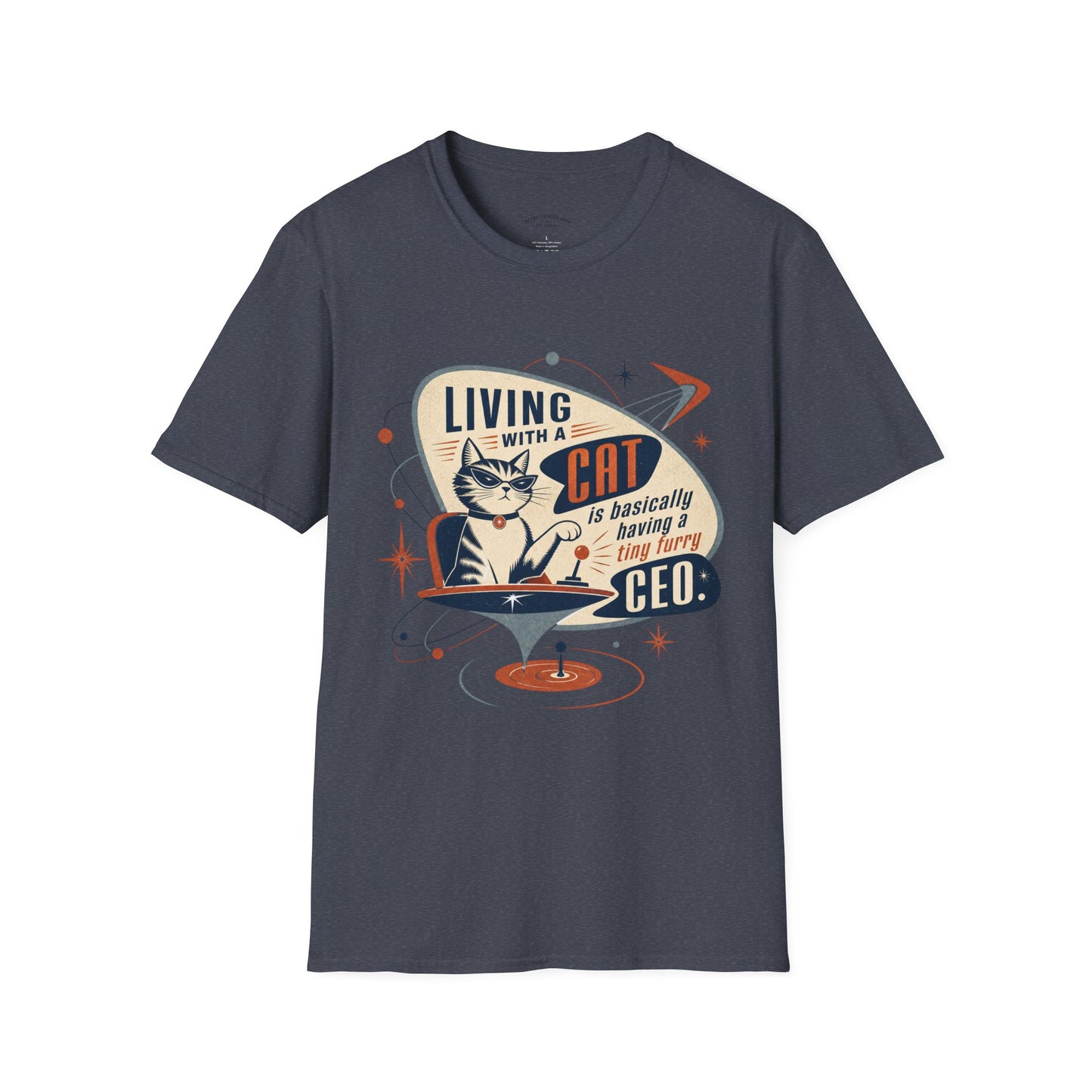 Cat T-Shirt — "Living with a Cat is Basically Having a Furry CEO" Retro Graphic