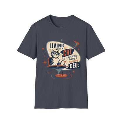 Cat T-Shirt — "Living with a Cat is Basically Having a Furry CEO" Retro Graphic