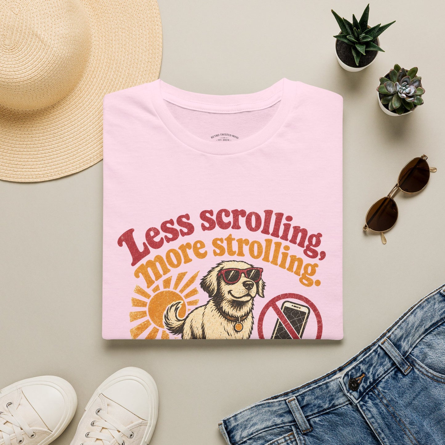 Less Scrolling More Strolling T-Shirt — Retro Dog Walk Graphic Tee