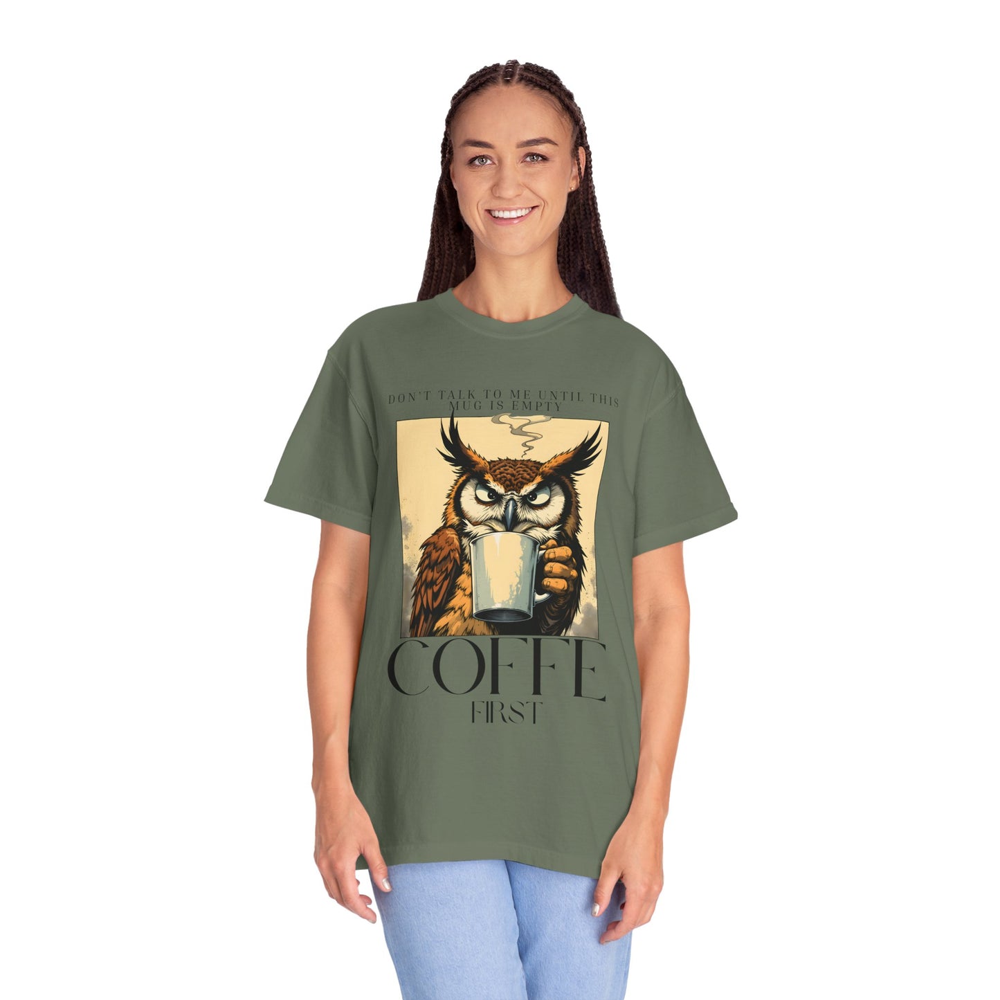 Coffee First Owl T-Shirt — Vintage Coffee Lover Graphic Tee