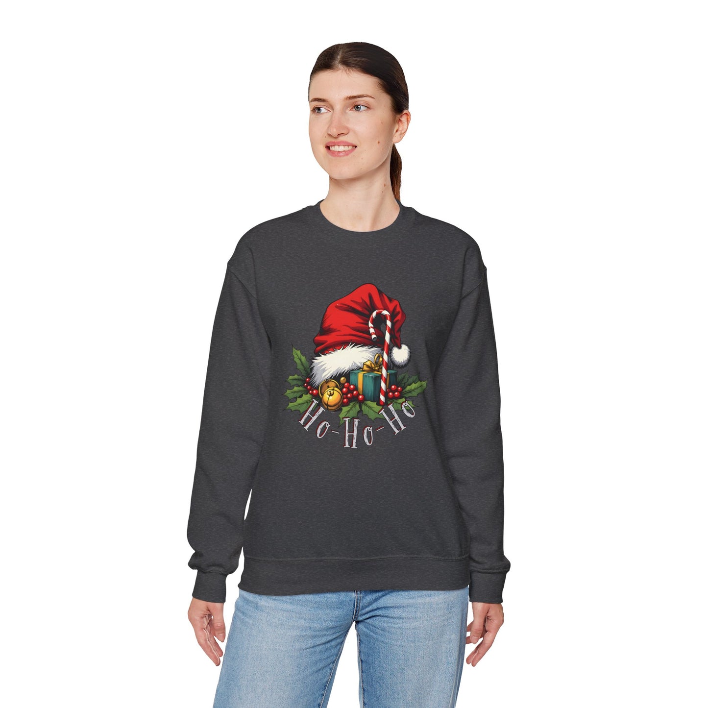 Christmas Sweatshirt - 'Ho-Ho-Ho' Santa Hat & Holly Holiday Crewneck