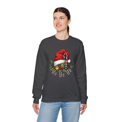 Christmas Sweatshirt - 'Ho-Ho-Ho' Santa Hat & Holly Holiday Crewneck
