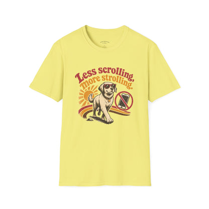 Less Scrolling More Strolling T-Shirt — Retro Dog Walk Graphic Tee