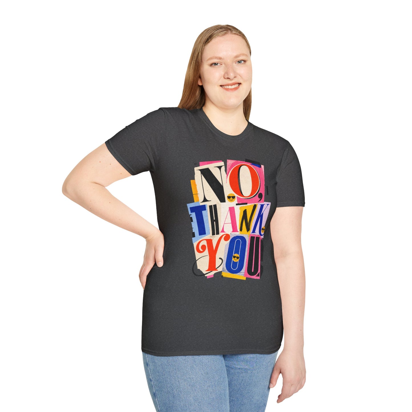 No, Thank You Graphic Tee — Colorful Bold Lettering T‑Shirt