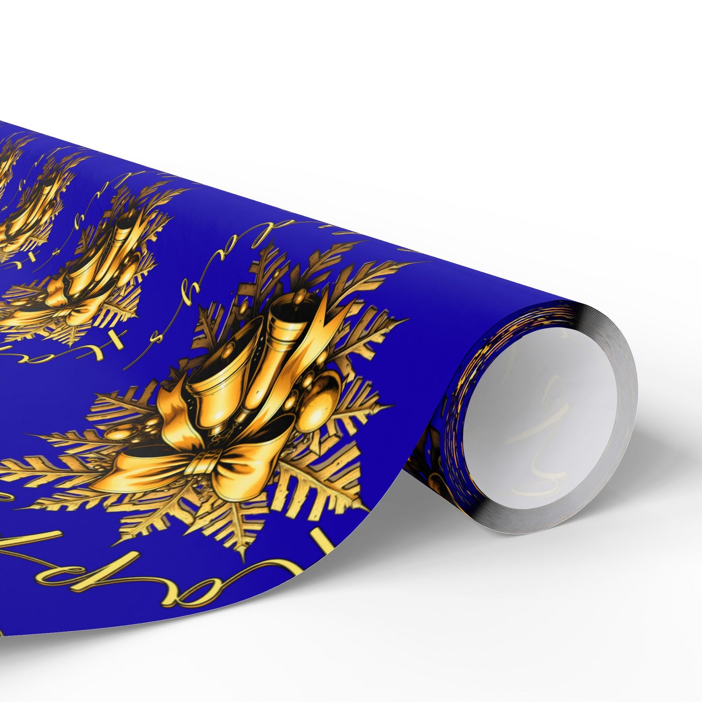 Royal Blue & Gold Holiday Wrapping Paper Roll — Elegant Floral Wreath Pattern