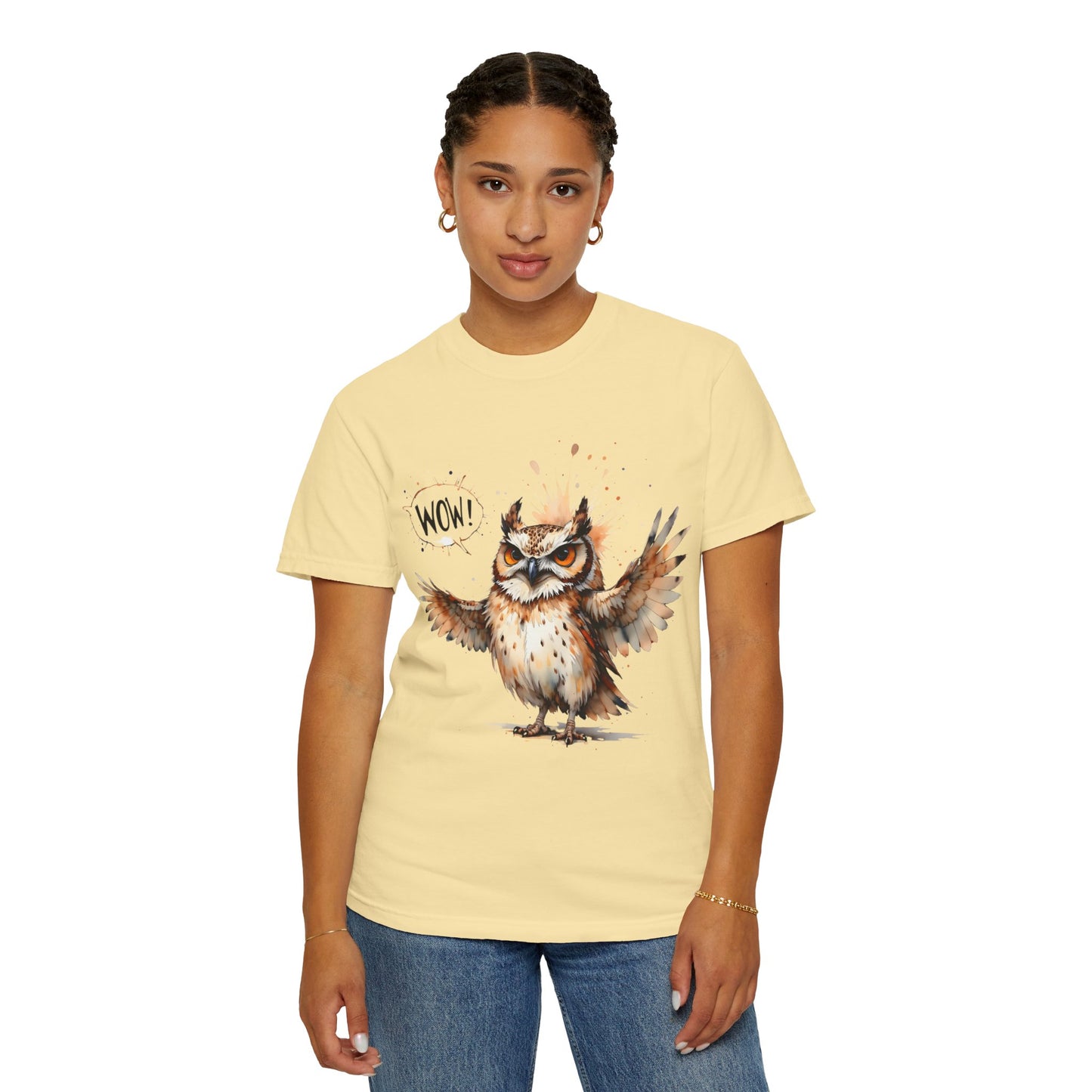 Owl Watercolor T-Shirt — Cute 'Wow!' Cartoon Owl Graphic Tee