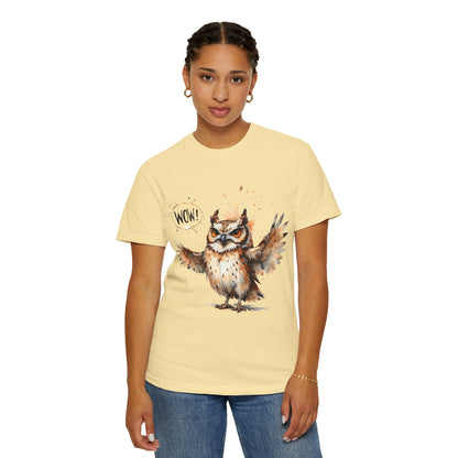 Owl Watercolor T-Shirt — Cute 'Wow!' Cartoon Owl Graphic Tee