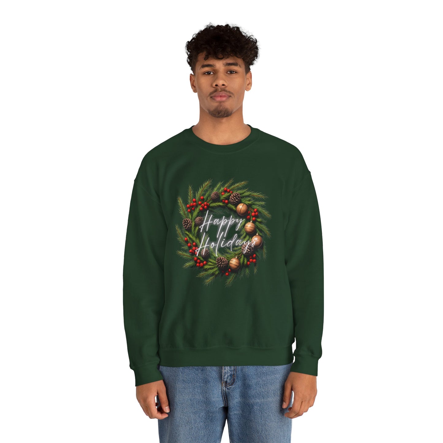 Christmas Wreath Crewneck Sweatshirt – Festive Pine & Ornaments Holiday Sweater