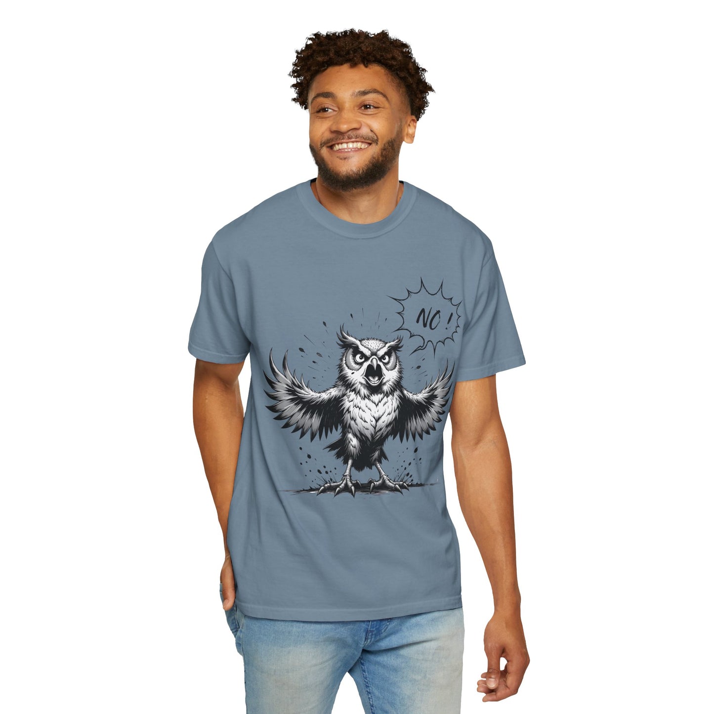 Owl Saying “No” Graphic T-Shirt — Bold Monochrome Illustration