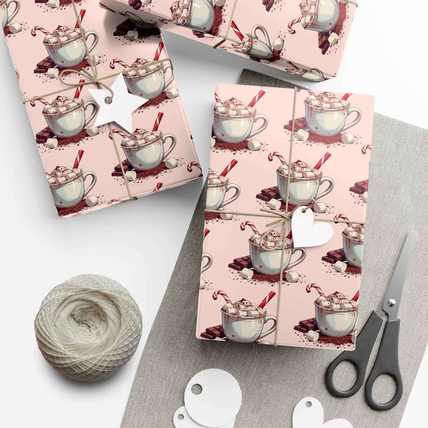 Tea Cup Pattern Gift Wrap Paper — Pink Hot Cocoa & Candy Cane Holiday Wrapping Paper