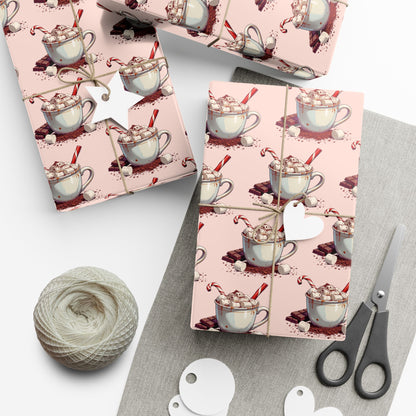 Tea Cup Pattern Gift Wrap Paper — Pink Hot Cocoa & Candy Cane Holiday Wrapping Paper
