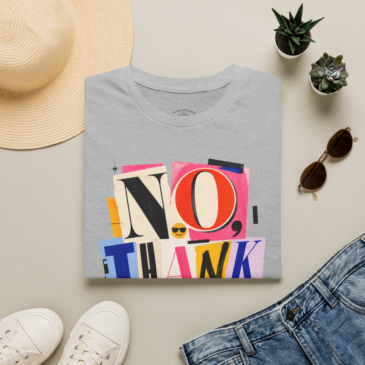 No, Thank You Graphic Tee — Colorful Bold Lettering T‑Shirt