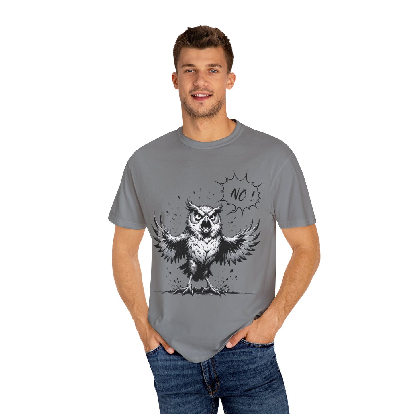 Owl Saying “No” Graphic T-Shirt — Bold Monochrome Illustration