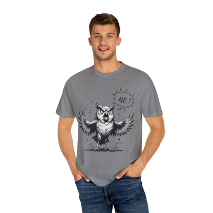Owl Saying “No” Graphic T-Shirt — Bold Monochrome Illustration