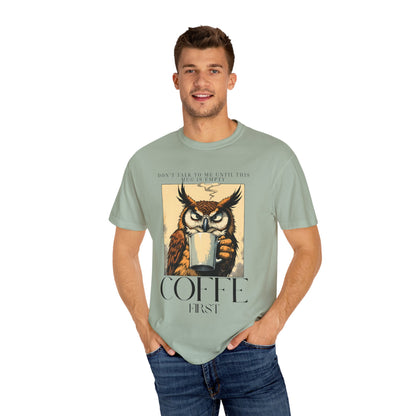 Coffee First Owl T-Shirt — Vintage Coffee Lover Graphic Tee