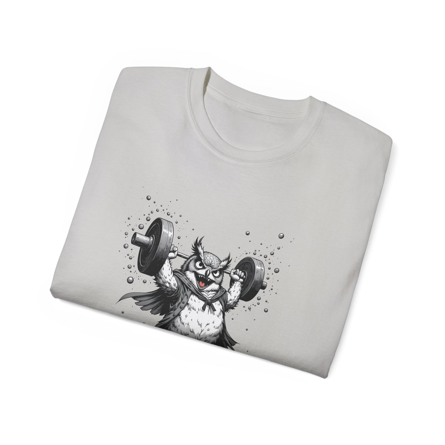 Weightlifting Owl Graphic Tee — "Morning Power" Fitness T-Shirt
