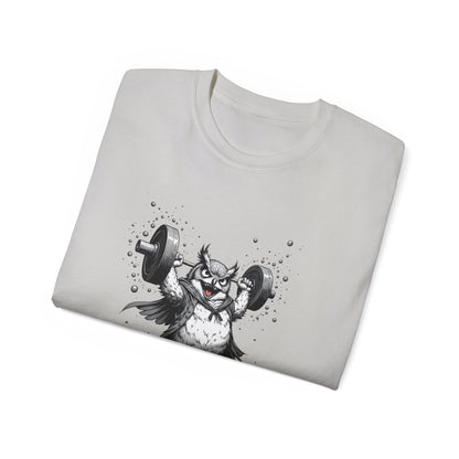 Weightlifting Owl Graphic Tee — "Morning Power" Fitness T-Shirt