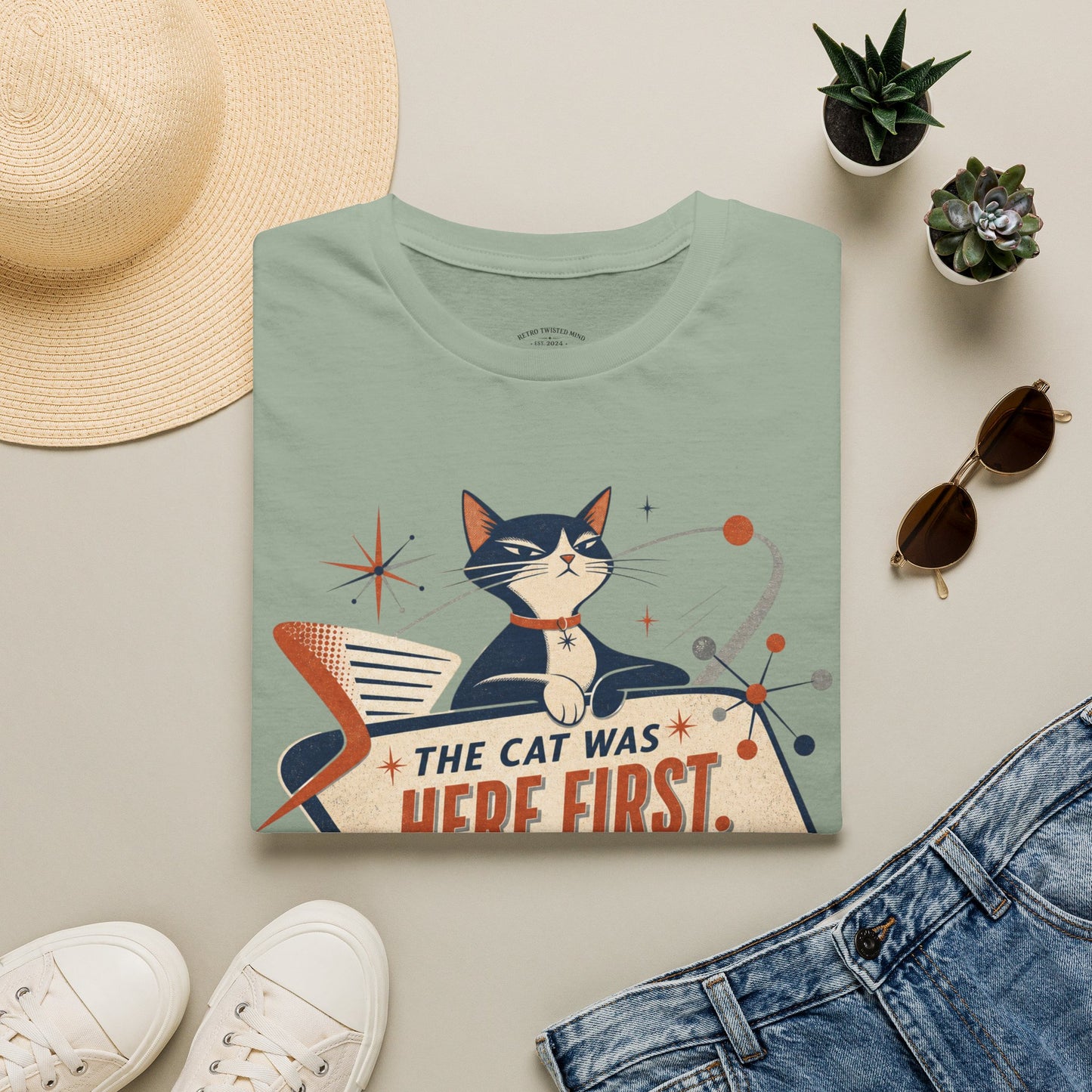 Cat Was Here First T-Shirt — Retro Mid-Century Kitty "You’re Just Visiting" Tee