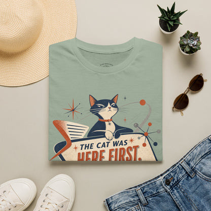 Cat Was Here First T-Shirt — Retro Mid-Century Kitty "You’re Just Visiting" Tee
