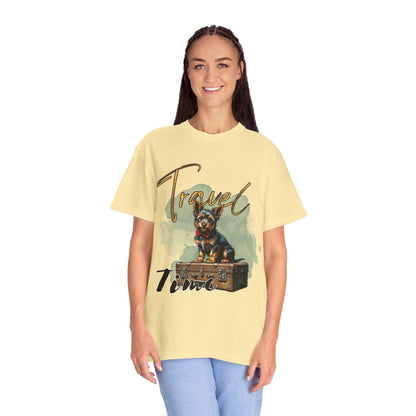 Travel Time Unisex Garment-Dyed T-Shirt with Dog Design
