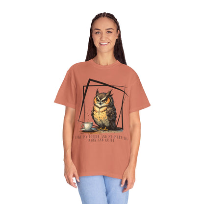 Owl & Coffee Graphic T-Shirt — 'A Day to Coffee and Contemplate'