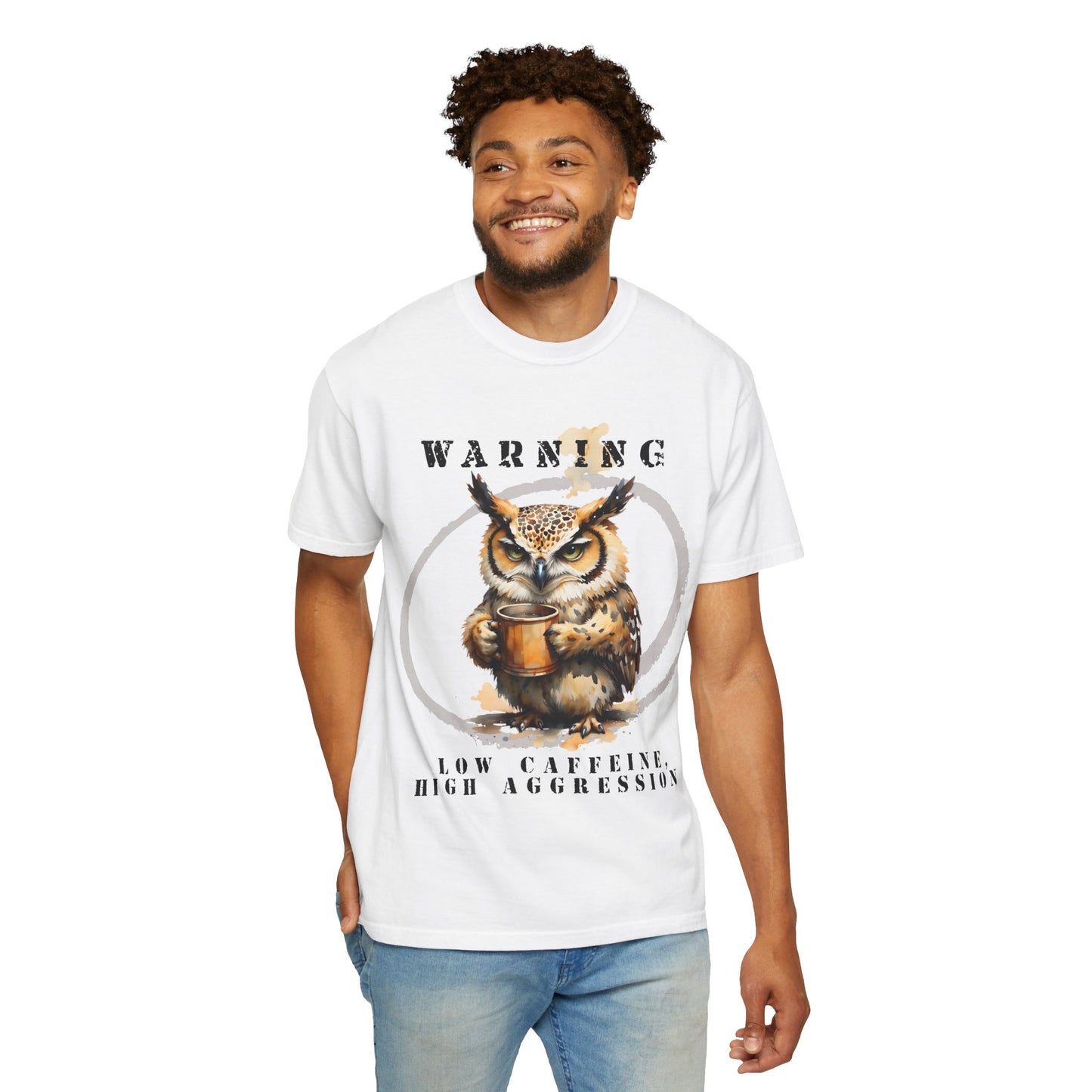 Warning Owl T-Shirt — "Low Caffeine, High Aggression" Graphic Tee