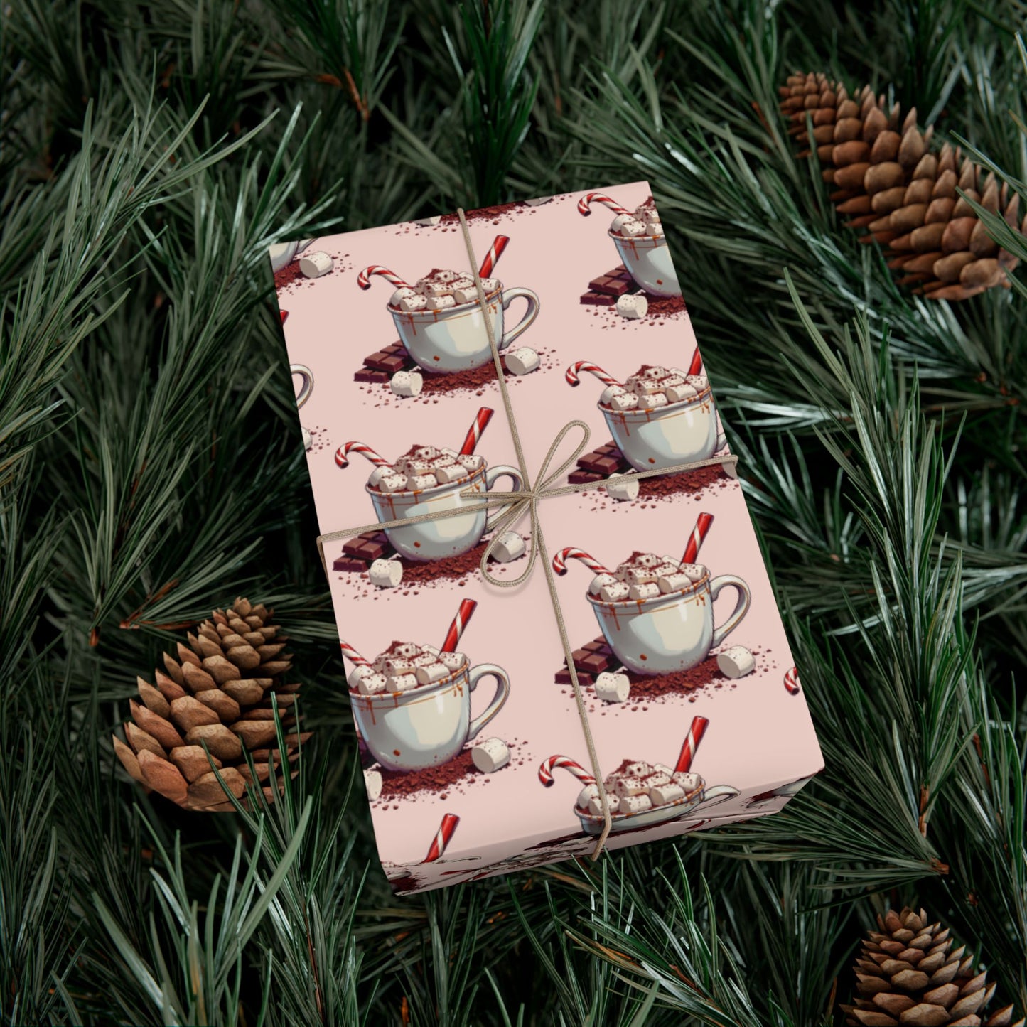 Tea Cup Pattern Gift Wrap Paper — Pink Hot Cocoa & Candy Cane Holiday Wrapping Paper