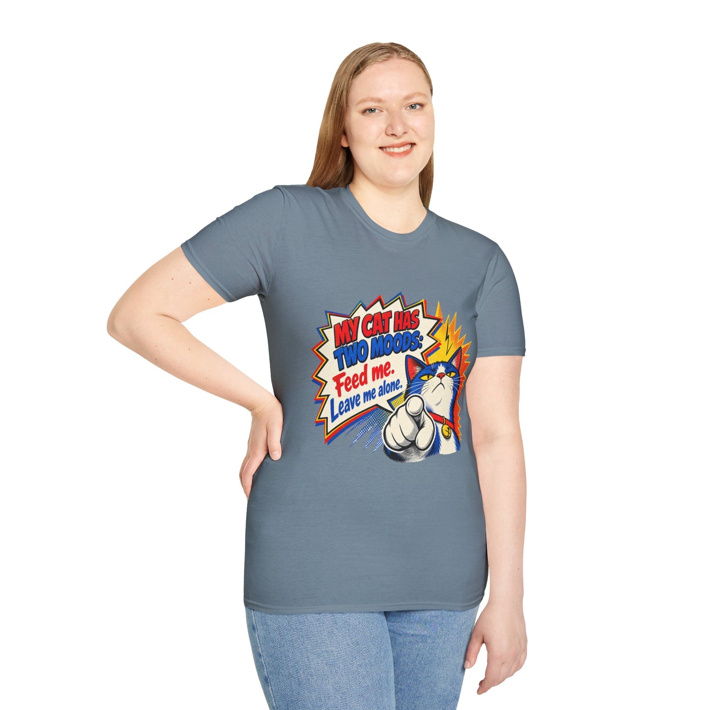 Cat T-Shirt — "My Cat Has Two Moods: Feed Me, Leave Me Alone" Funny Retro Comic Tee