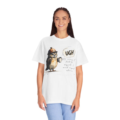 “Ugh” Owl Coffee T-Shirt — Cute Illustrated Owl Saying “UGH” with Coffee