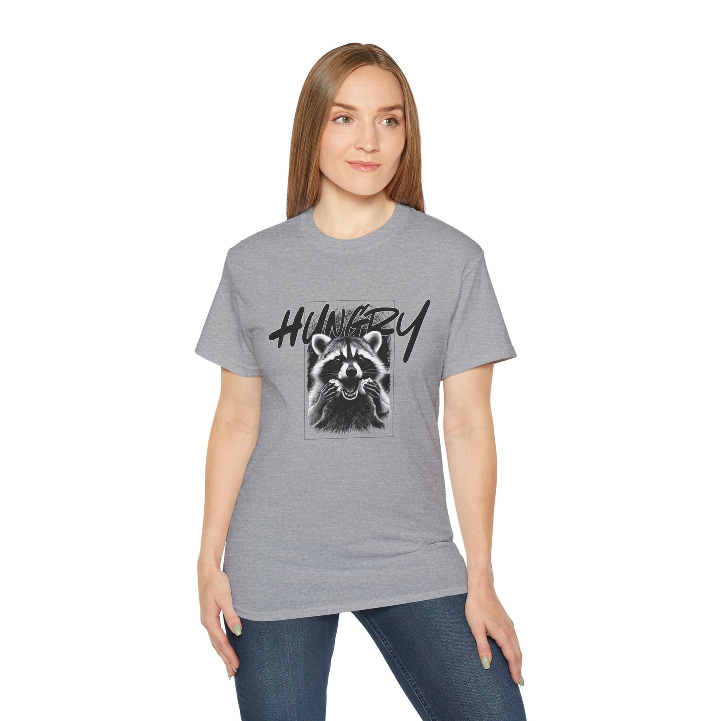 Hungry Raccoon Graphic Tee – Vintage Black & White Animal T-Shirt